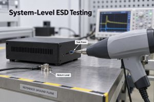 Illustrative system-level ESD test scene with an accessible connector test point and return lead