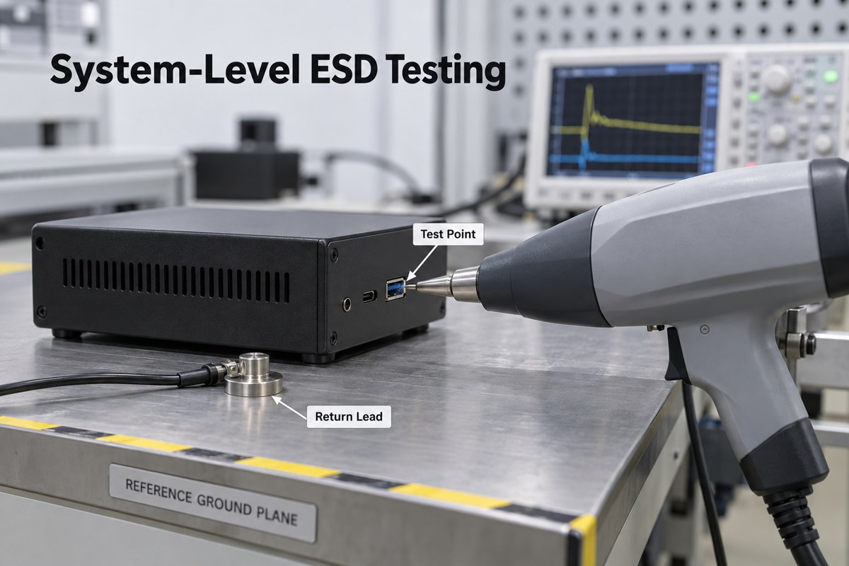 Illustrative system-level ESD test scene with an accessible connector test point and return lead