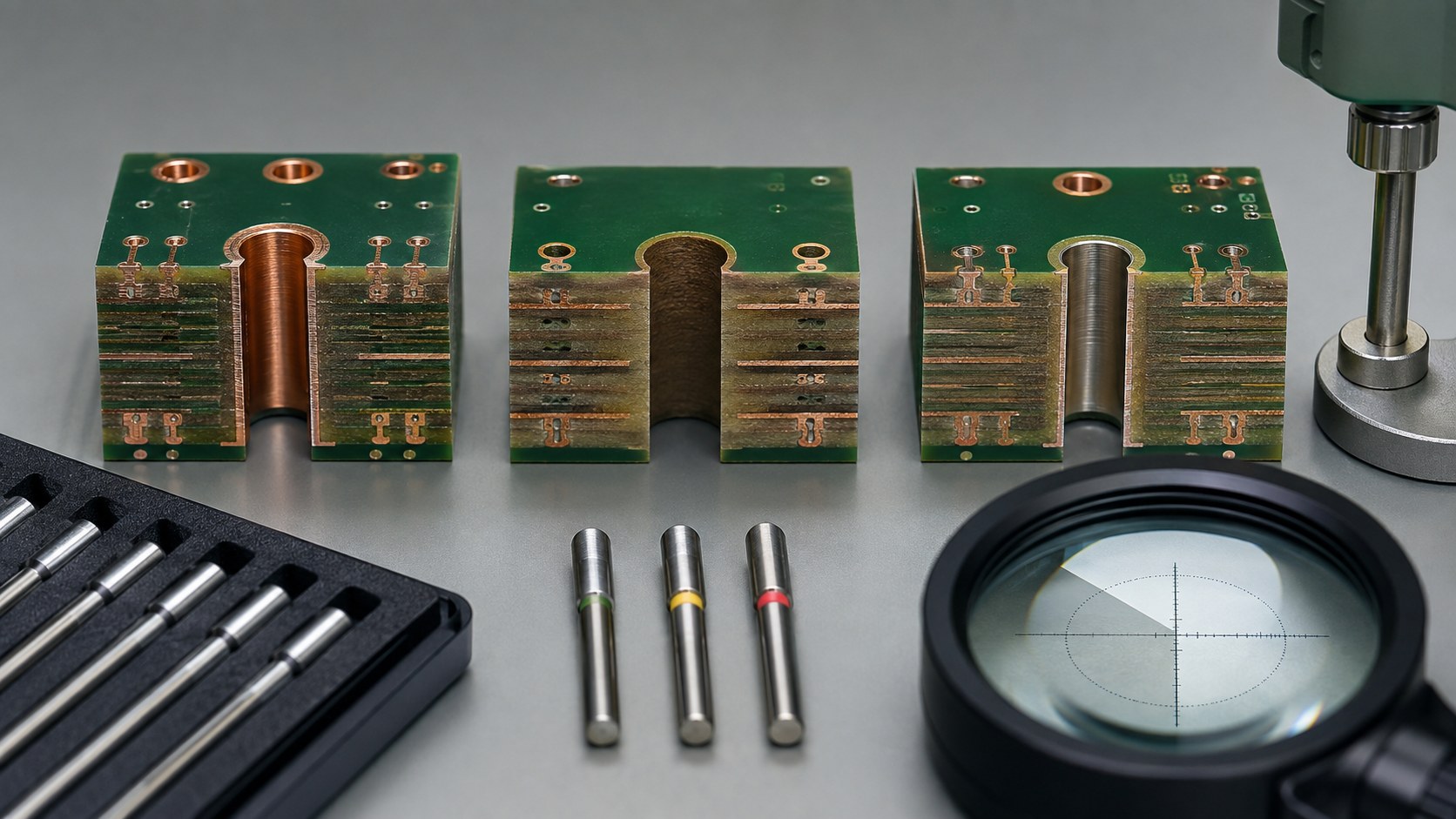 Cross-section samples comparing plated non-plated and press-fit PCB holes