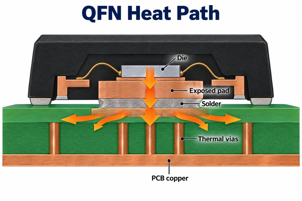 Simplified QFN thermal path from die through exposed pad and solder into PCB copper and thermal vias
