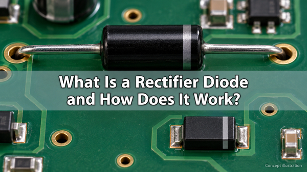 Rectifier diode concept illustration showing axial and surface-mount packages on a PCB