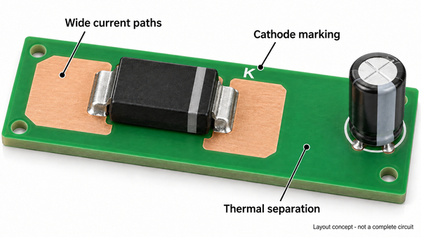Conceptual PCB rectifier layout highlighting wide copper paths, polarity markings and separation from heat-sensitive capacitors