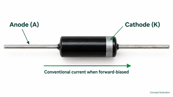 Rectifier diode diagram relating the axial cathode band to anode and cathode terminals