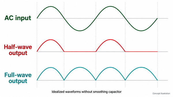 Conceptual comparison of AC input, half-wave output and full-wave output without a smoothing capacitor