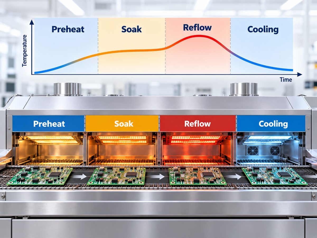 Four reflow oven stages and temperature profile: preheat, soak, reflow and cooling