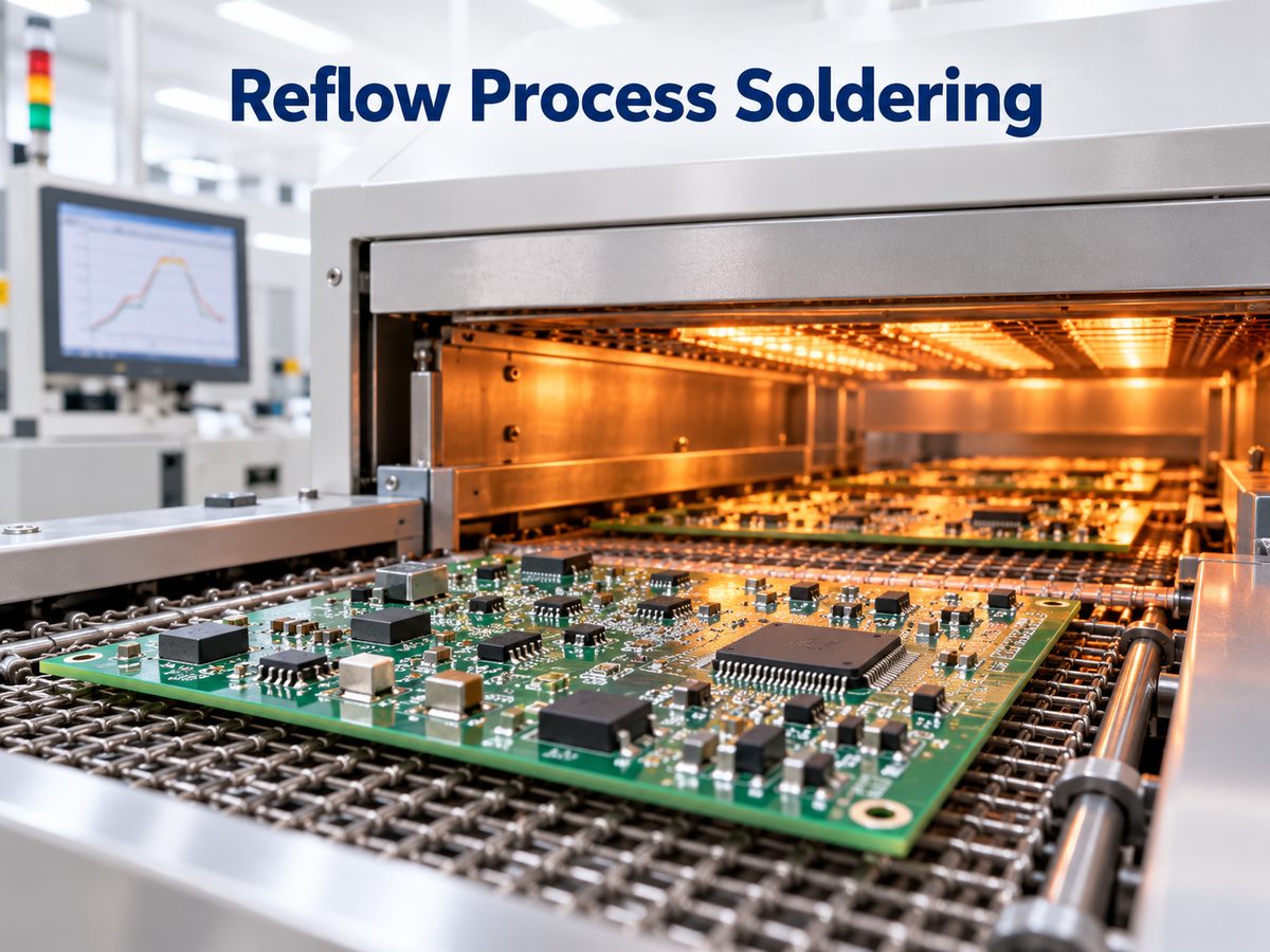 Reflow process soldering line with a populated PCB moving through a reflow oven