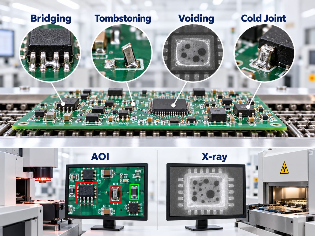 Common reflow soldering defects including bridging, tombstoning, voiding and cold joints with AOI and X-ray inspection
