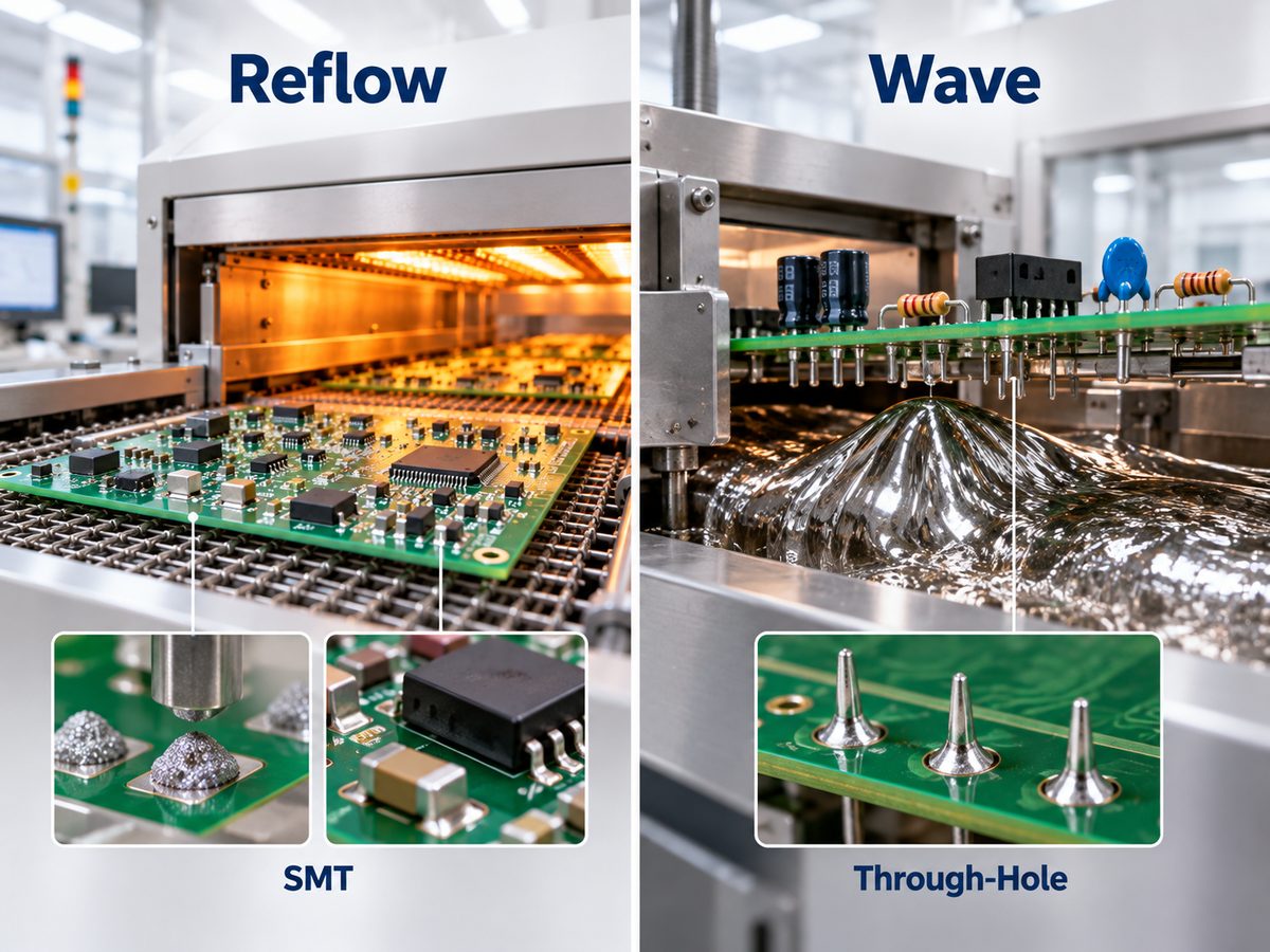 Comparison of reflow soldering for SMT and wave soldering for through-hole assembly