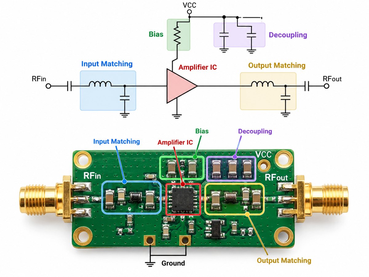 RF amplifier circuit and schematic showing amplifier IC, bias, decoupling and input and output matching