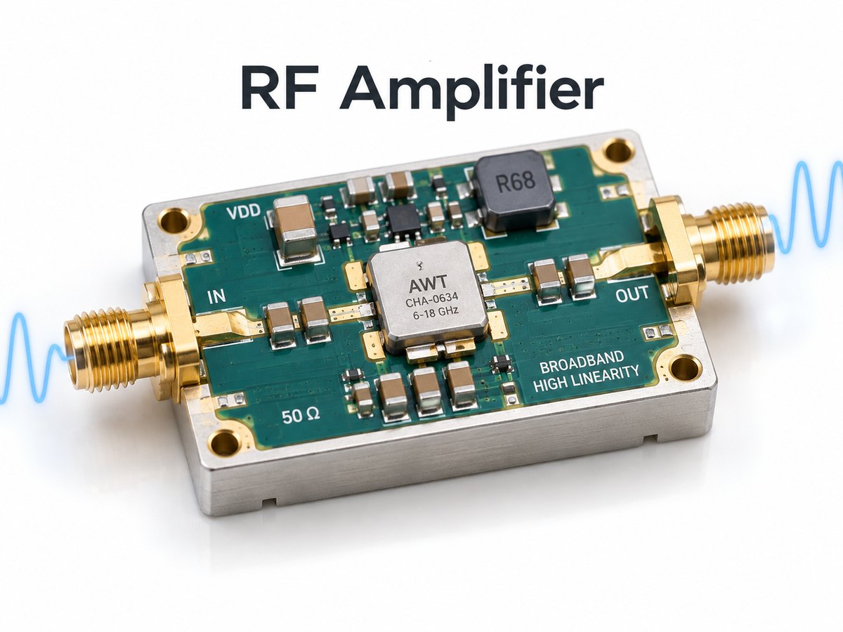 RF amplifier module with RF input and output connections