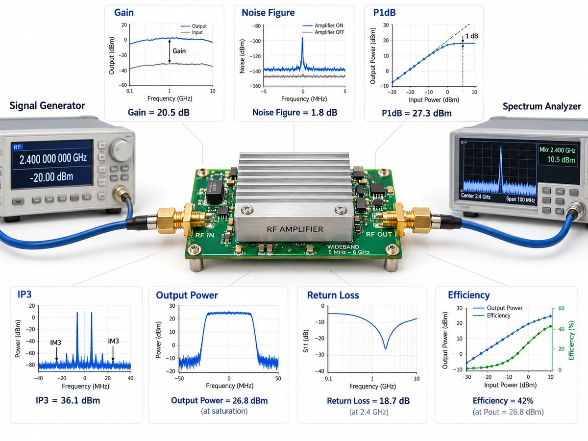 RF amplifier test setup and key specifications including gain, noise figure, P1dB, IP3, return loss and efficiency