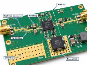 RF amplifier PCB design factors including controlled impedance, matching, via stitching, grounding, isolation and thermal path