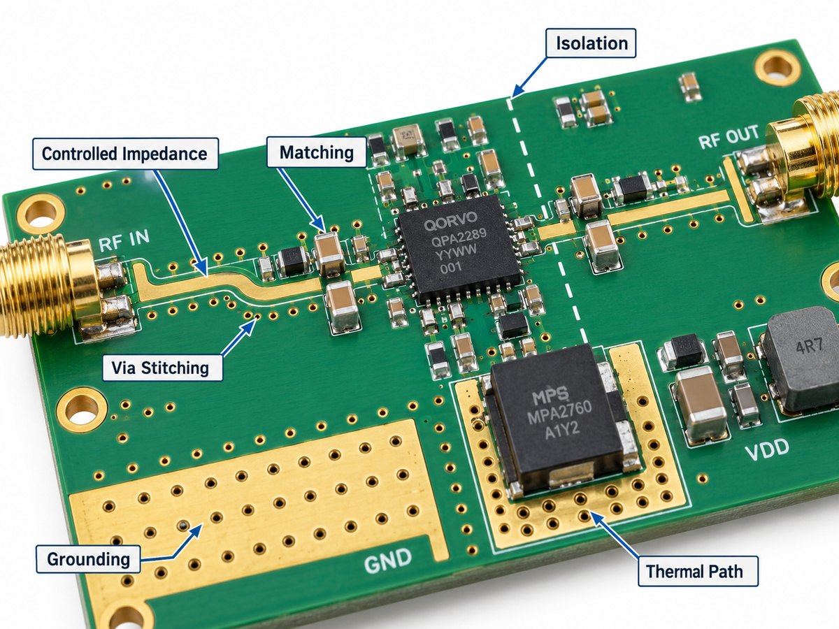 RF amplifier PCB design factors including controlled impedance, matching, via stitching, grounding, isolation and thermal path