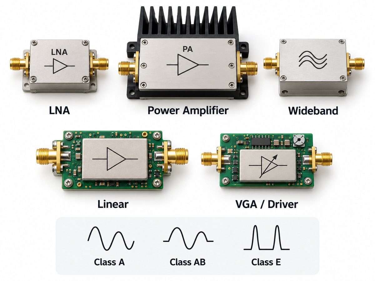 Main RF amplifier types including LNA, power amplifier, wideband, linear and VGA driver amplifiers