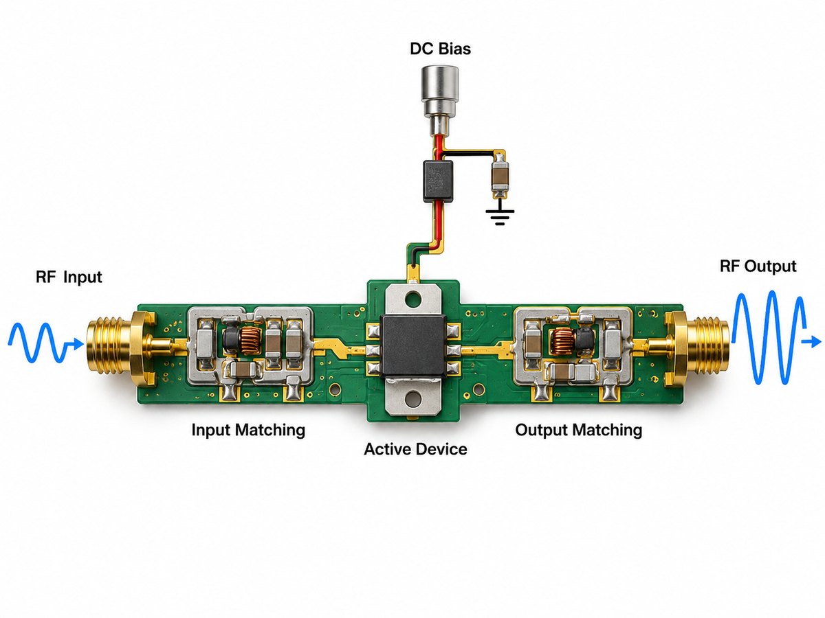 RF amplifier working principle showing input matching, active device, DC bias and output matching