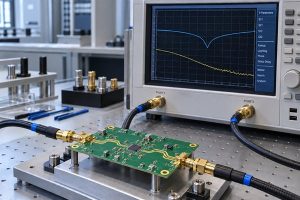 high-frequency PCB manufacturer in Israel, RF PCB connected to a vector network analyzer for impedance and loss verification