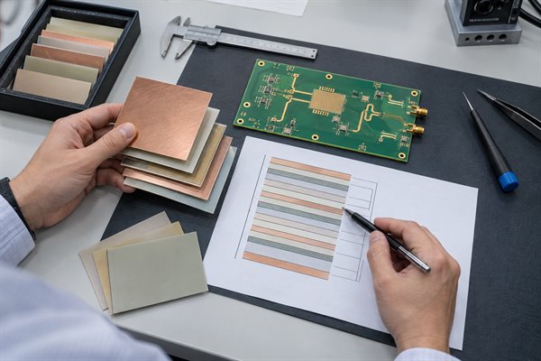 High Frequency PCB in Switzerland, engineer reviewing RF laminate samples and a multilayer stackup