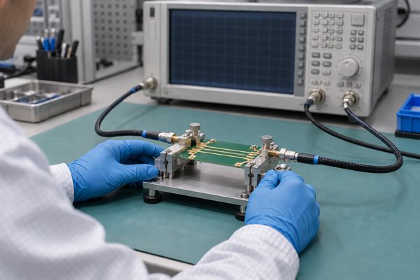 High Frequency PCB in Switzerland, RF test coupon connected to a laboratory measurement fixture