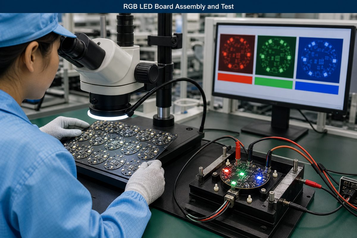 Engineer inspecting assembled RGB LED boards and running a red, green, and blue functional test