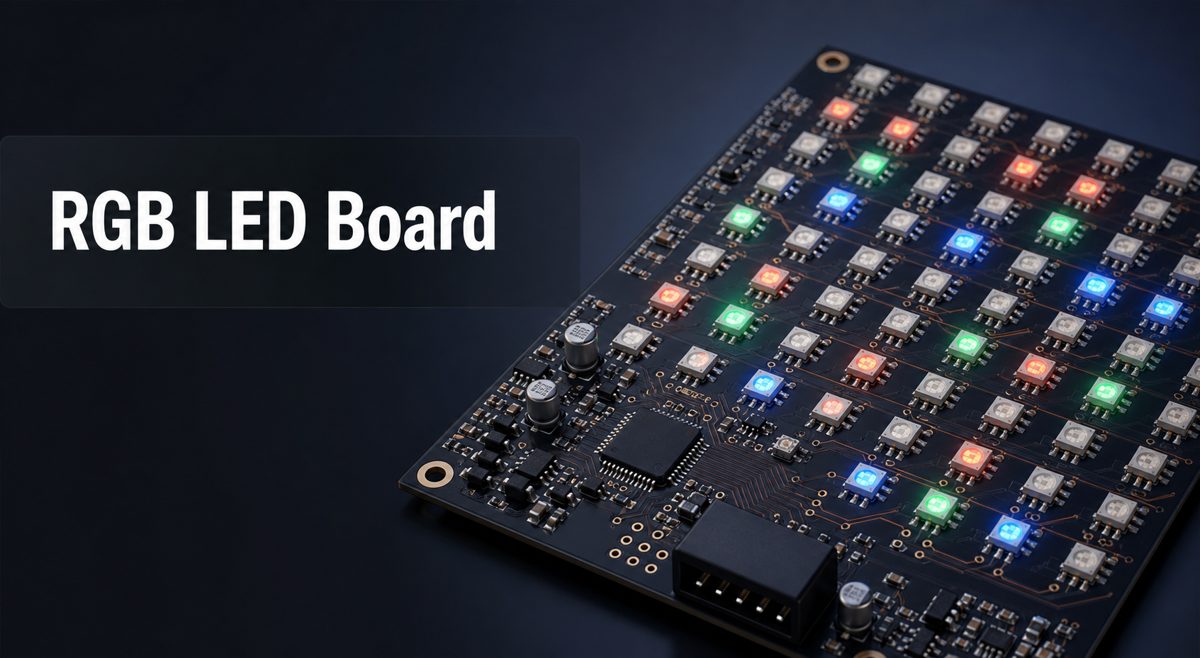 RGB LED Board with an array of red, green, and blue LEDs, controller IC, connectors, and copper routing