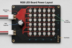 RGB LED board power layout showing wide power paths, bulk capacitance, local decoupling, and test points