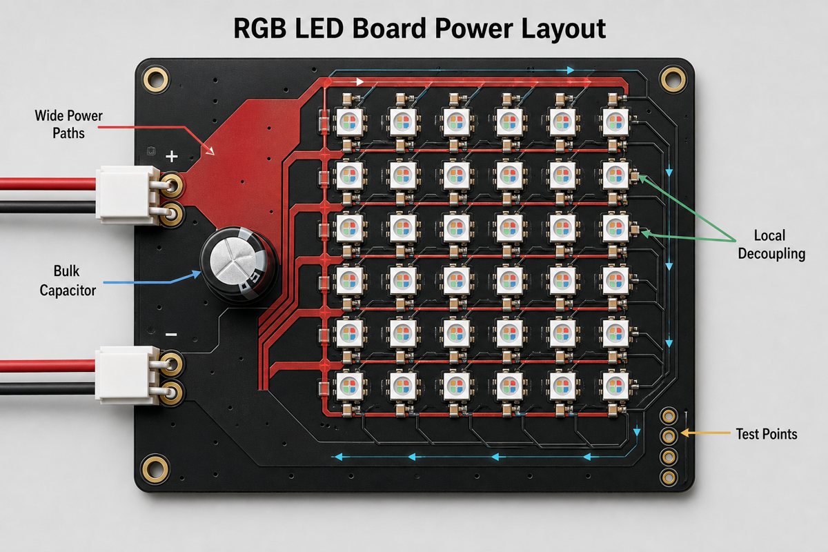RGB LED board power layout showing wide power paths, bulk capacitance, local decoupling, and test points
