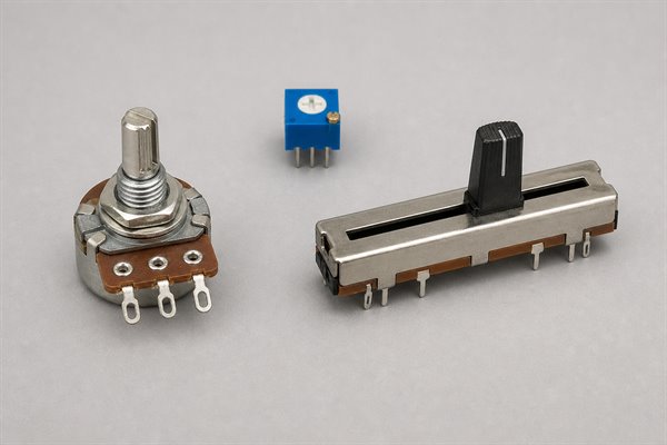 Rotary, slide, and trimmer potentiometers shown as common mechanical potentiometer types