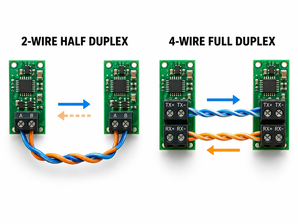 Two-wire half-duplex RS-485 compared with four-wire full-duplex RS-485