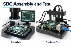 Illustration of optical assembly inspection and a connected SBC functional-test fixture