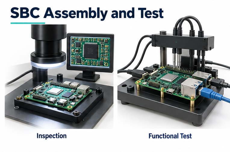 Illustration of optical assembly inspection and a connected SBC functional-test fixture