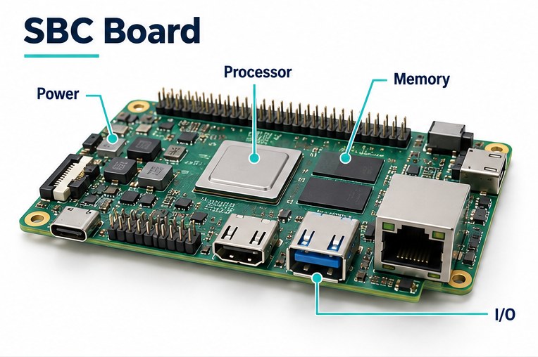 Illustration of an SBC board showing processor, memory, power circuitry and I/O connectors
