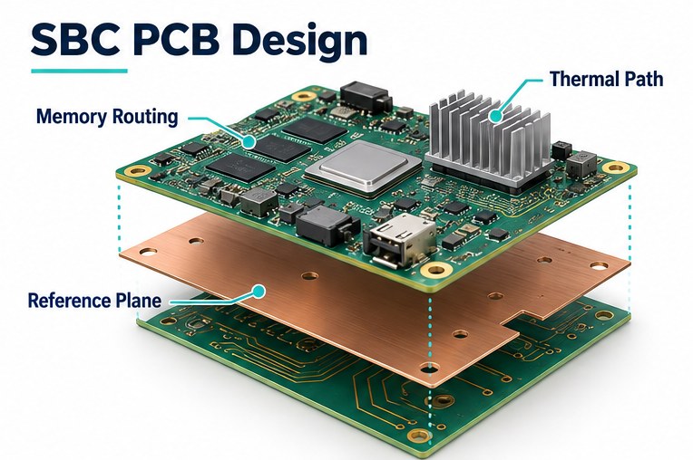 SBC PCB design illustration highlighting memory routing, a reference plane and the thermal path