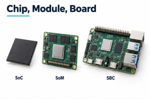 Illustrated comparison of a SoC chip, a SoM compute module and an SBC computer board