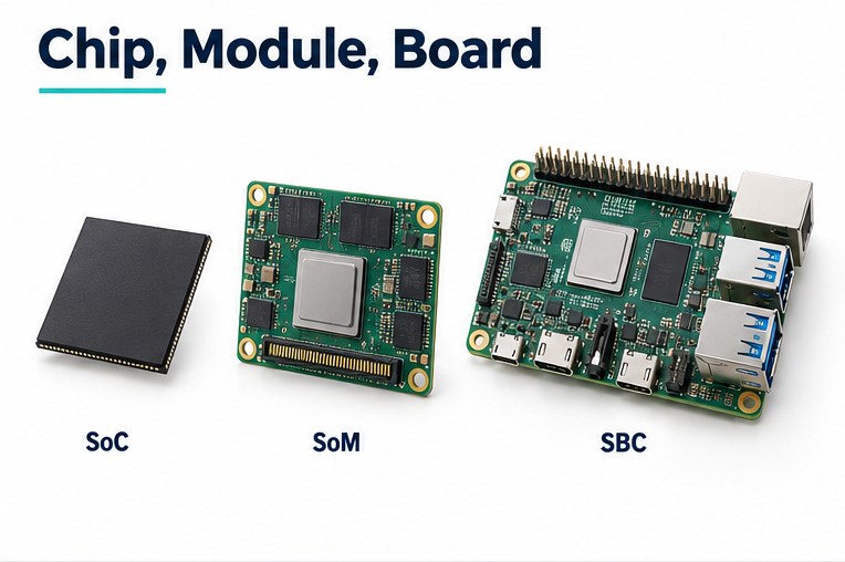 Illustrated comparison of a SoC chip, a SoM compute module and an SBC computer board