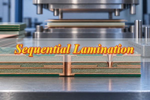 sequential lamination, multilayer PCB cross-section beneath a lamination press
