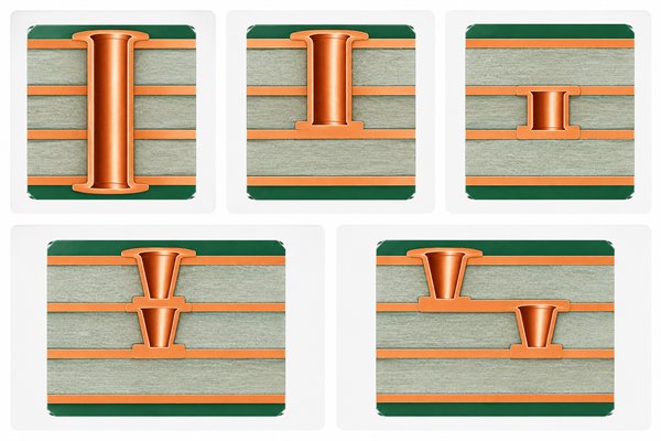 sequential lamination, cross-sections of through blind buried stacked and staggered vias