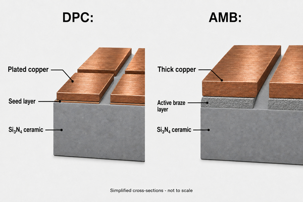 Simplified DPC and AMB Si3N4 ceramic circuit cross-sections with isolated copper patterns