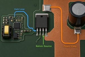 SiC MOSFET Kelvin-source PCB layout showing gate loop and power loop separation