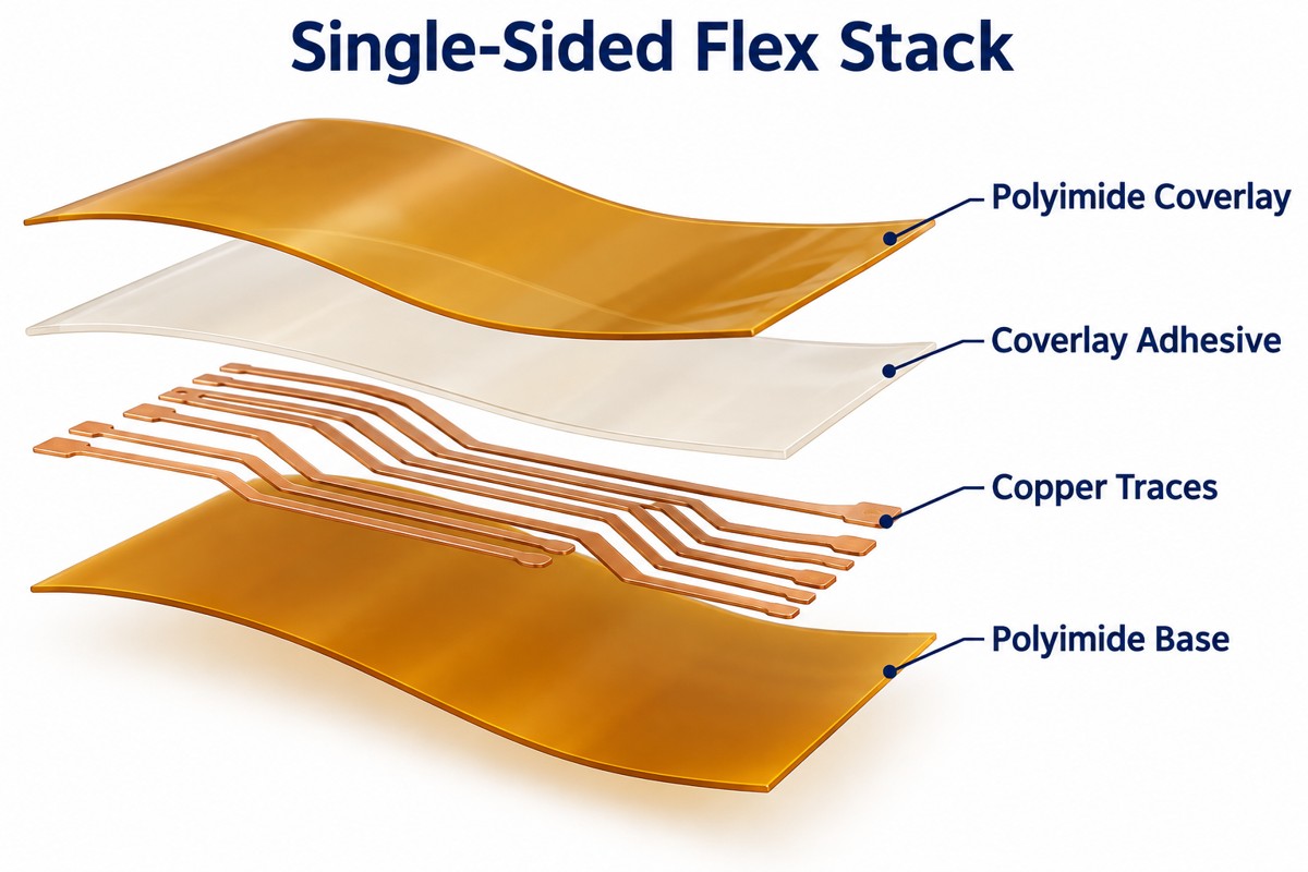 Exploded single-sided flex stack showing coverlay, coverlay adhesive, patterned copper and polyimide base