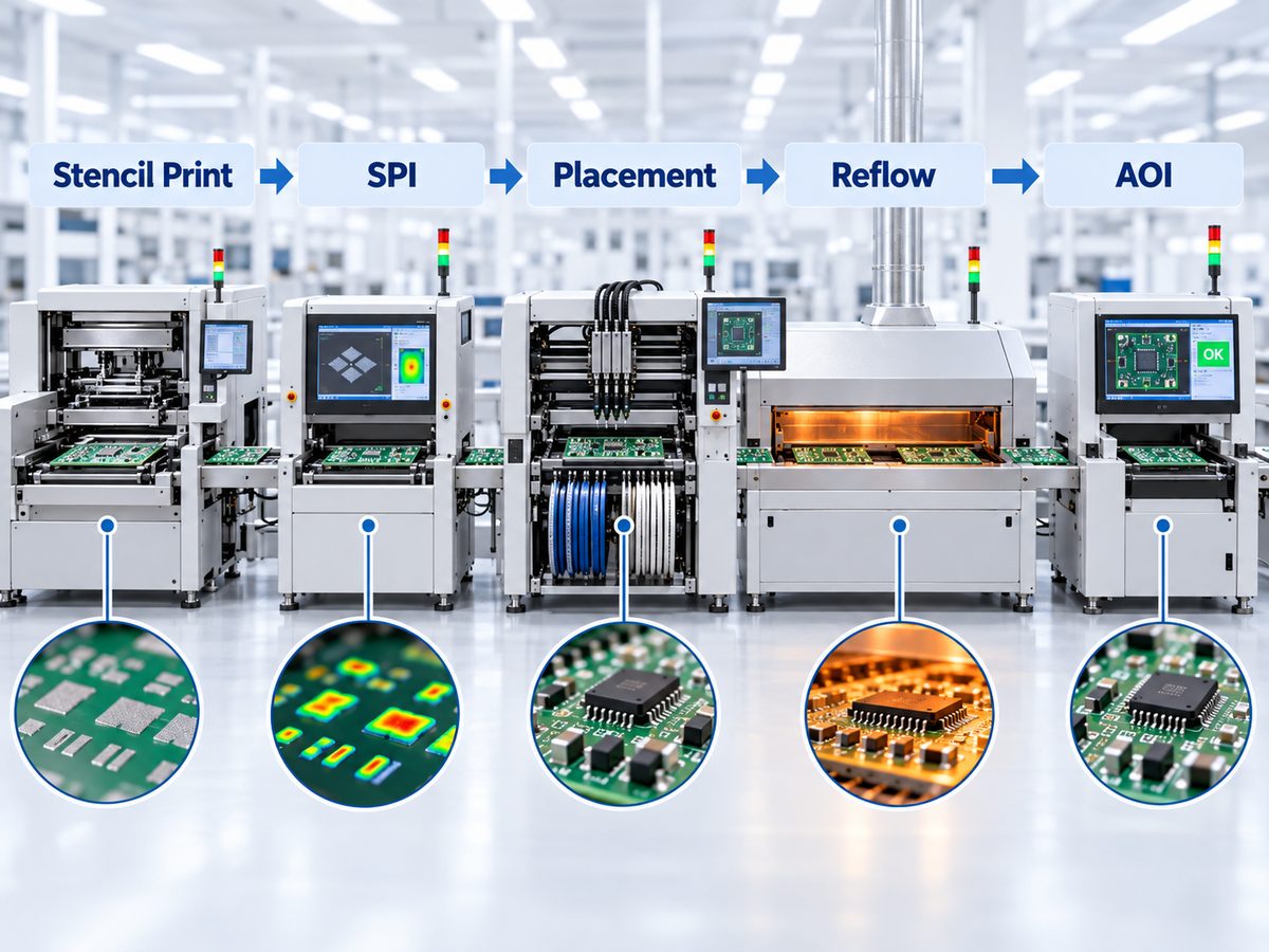 SMT reflow soldering workflow showing stencil printing, SPI, placement, reflow and AOI