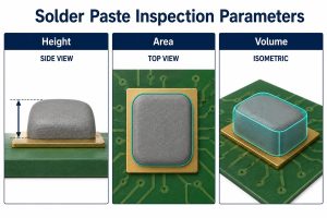 Solder paste deposit height, footprint area and three-dimensional volume
