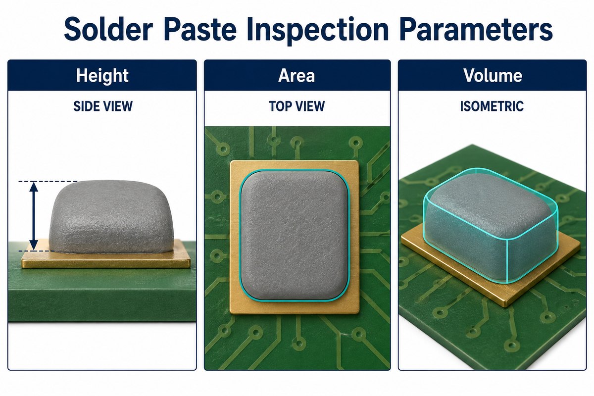 Solder paste deposit height, footprint area and three-dimensional volume