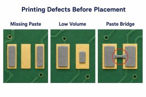 Conceptual missing paste, low-volume paste and paste bridge before component placement