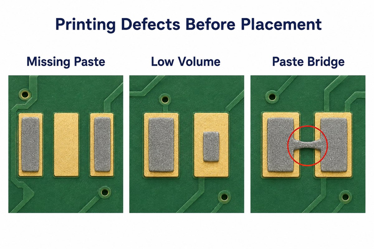 Conceptual missing paste, low-volume paste and paste bridge before component placement