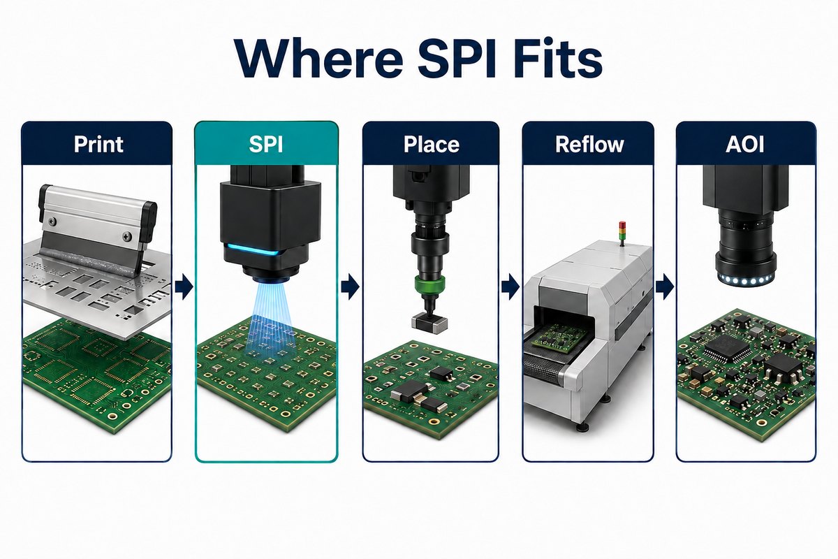 SMT process order: print, SPI, placement, reflow and AOI