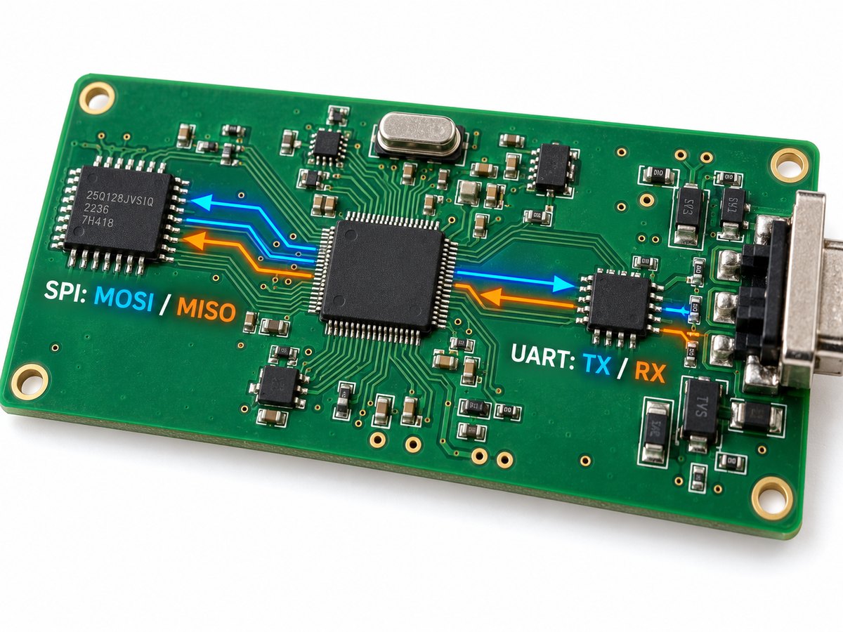 SPI MOSI and MISO routing with UART TX and RX connections on a PCB
