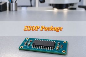 SSOP package, elongated fine-pitch IC mounted on a complete PCB module at an electronics inspection bench