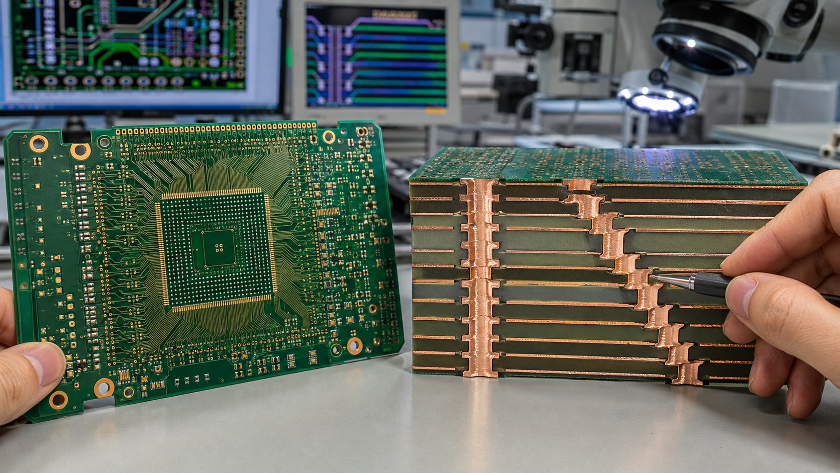 HDI PCB and cross-section comparing stacked and staggered microvia structures