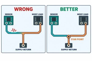 Engineering comparison of incorrect shared return routing and a controlled star point near the supply return