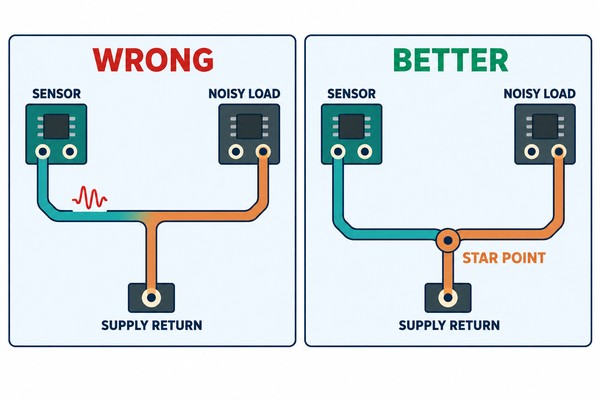 Engineering comparison of incorrect shared return routing and a controlled star point near the supply return